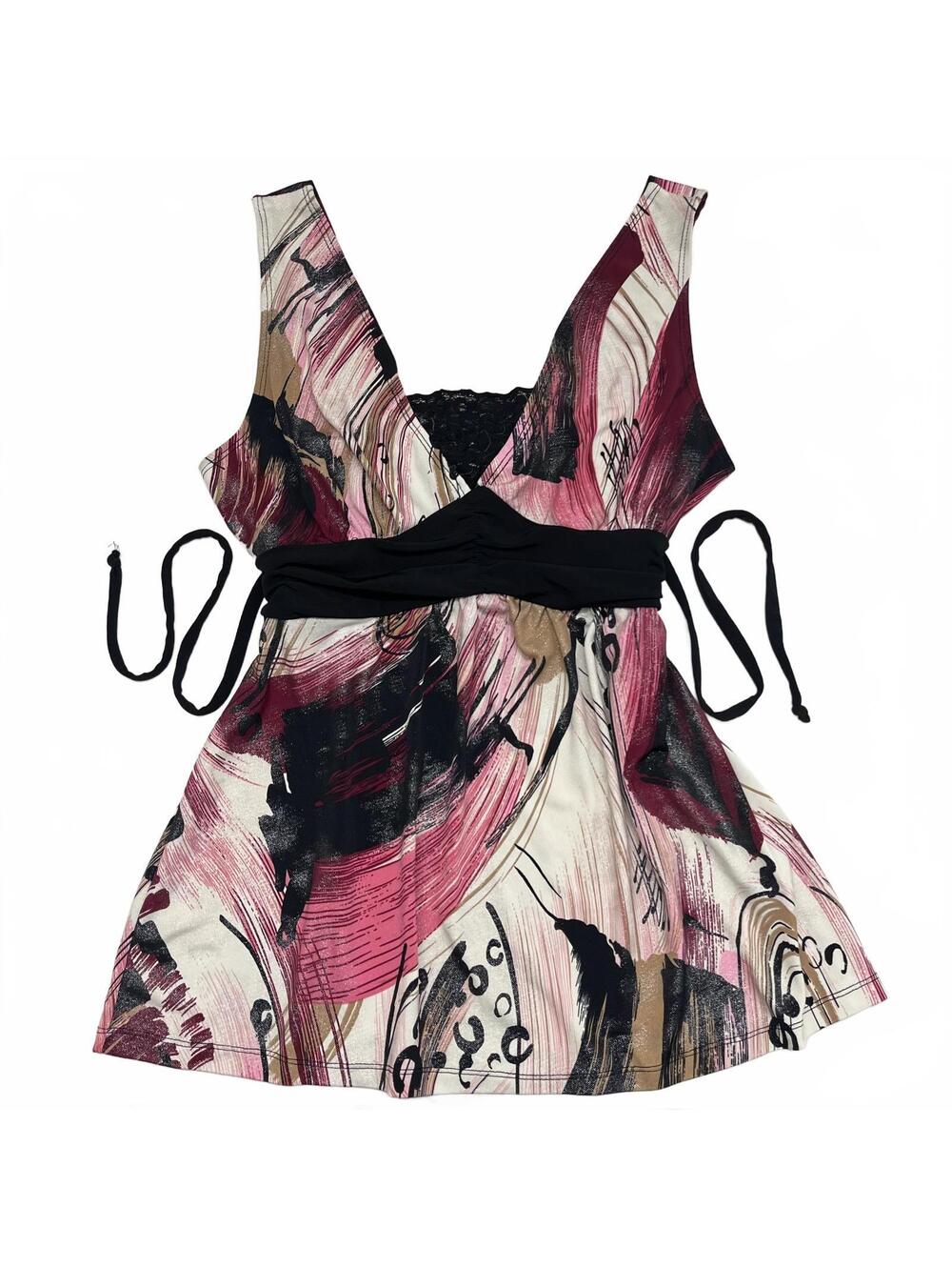 Vintage Capucino Sz M Pink & Black Artsy Print Empire Tie Waist Babydoll Top